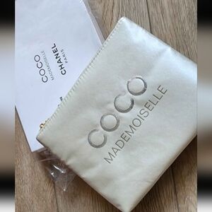 CHANEL Coco Satin Pouch - Cream Zippered New Makeup Clutch Bag
